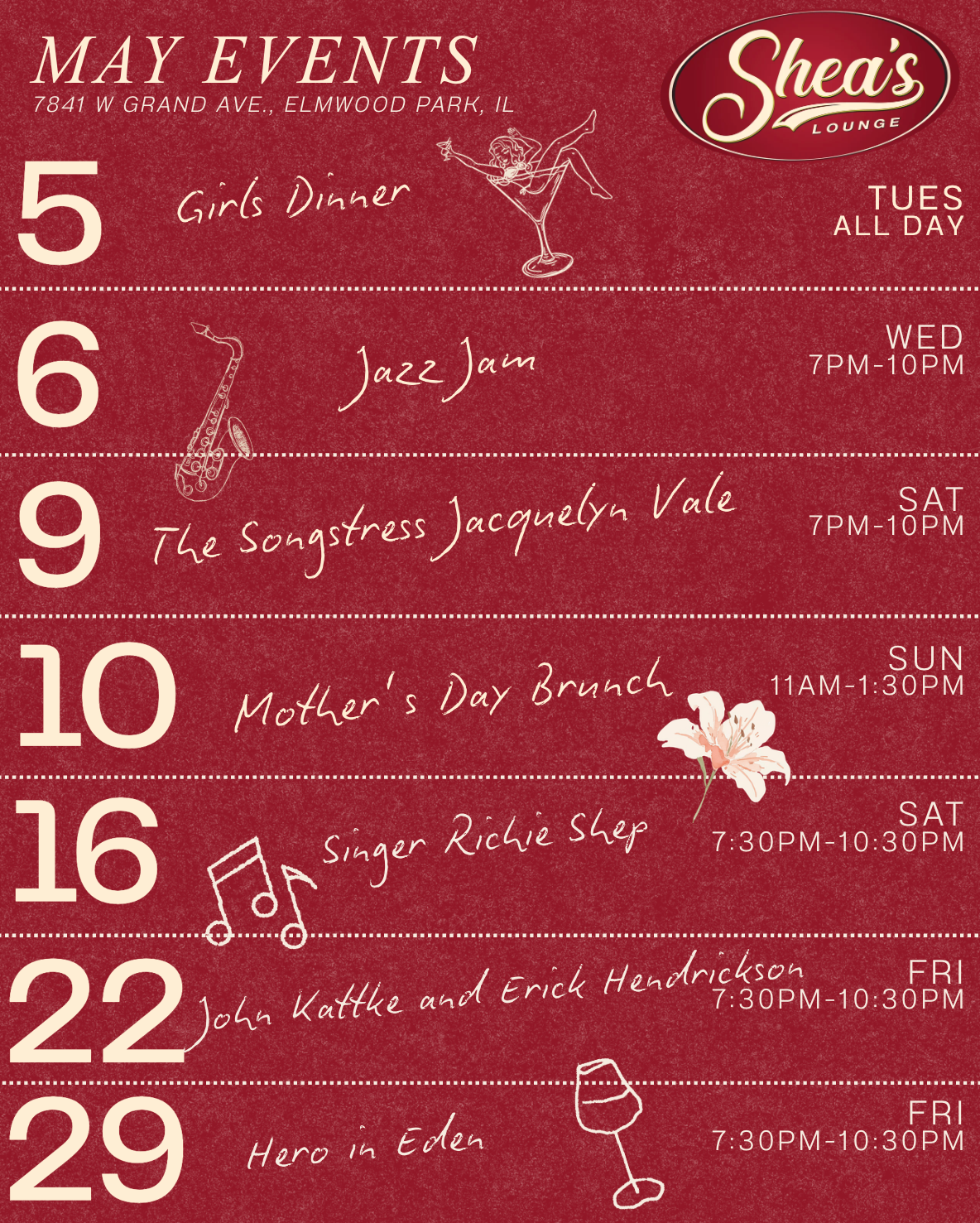 Poster listing May events at Shea's Lounge in Elmwood Park, IL with dates, titles, and times (e.g., May 5 Girls Dinner, May 6 Jazz Jam, May 9 The Songstress Jacquelyn Vale, May 10 Mother's Day Brunch).