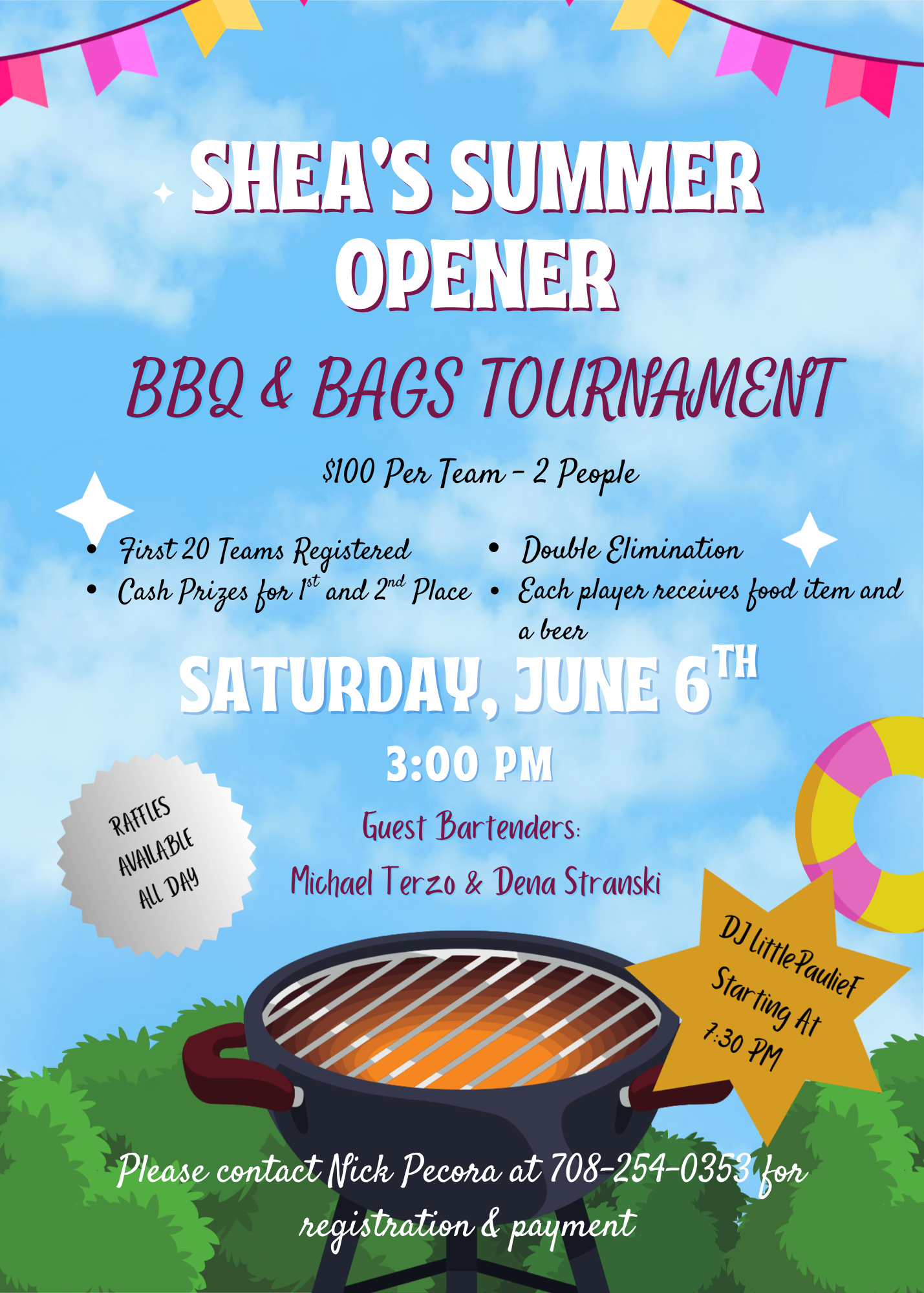 Bright flyer announcing Shea's Summer Open: BBQ & Bags Tournament with date and time; features grill image and colorful pennant banners on a blue sky background.