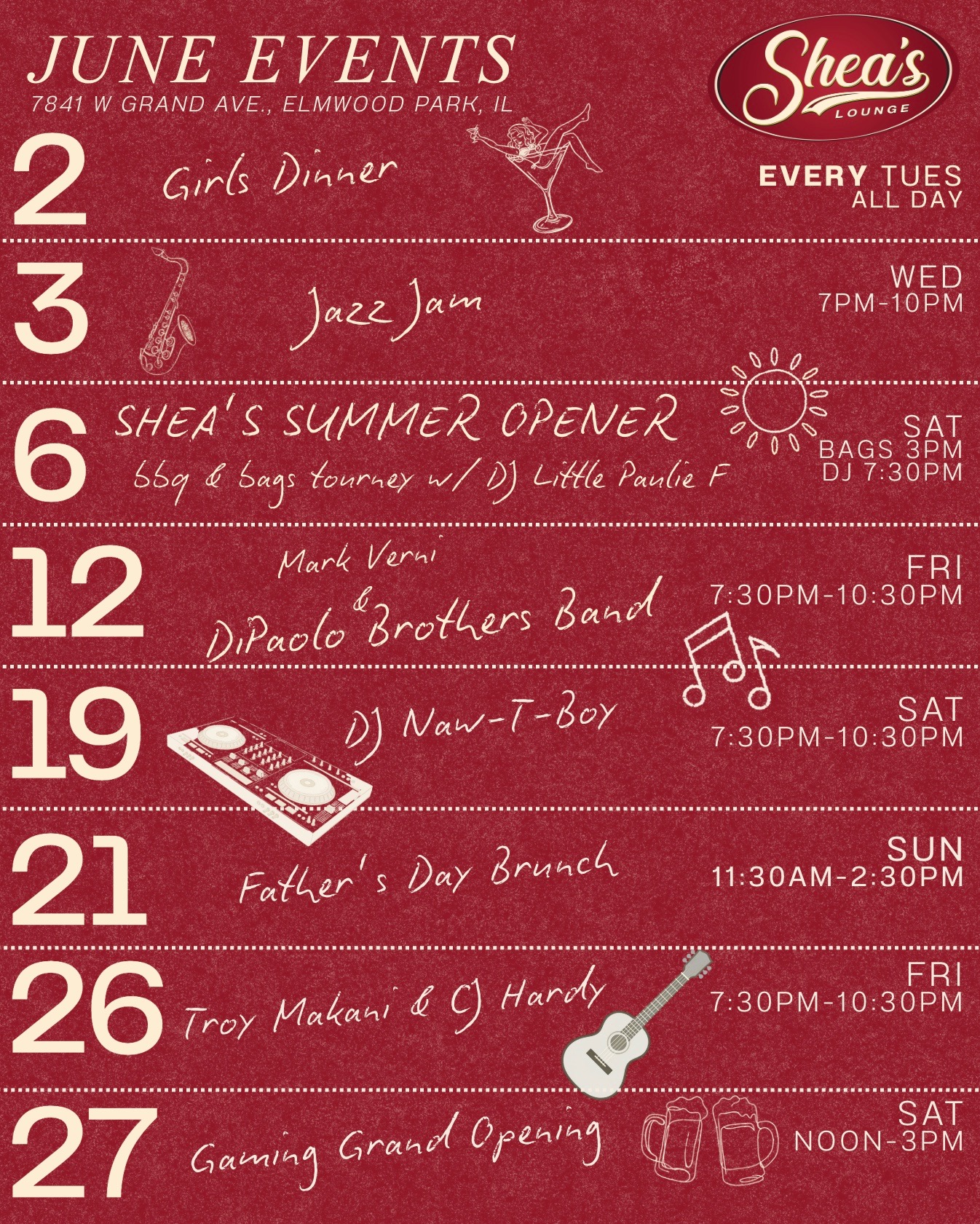Poster-style June events calendar for Shea's Lounge, Elmwood Park IL, listing dates and events: Jun 2 – Girls Dinner, Jun 3 – Jazz Jam, Jun 6 – Shea's Summer Opening, Jun 12 – DiPalo Brothers Band, Jun 19 – DJ Naw-T-Boy, Jun 26 – Troy Makani & CJ Hardy, with icons and times sprinkled throughout.