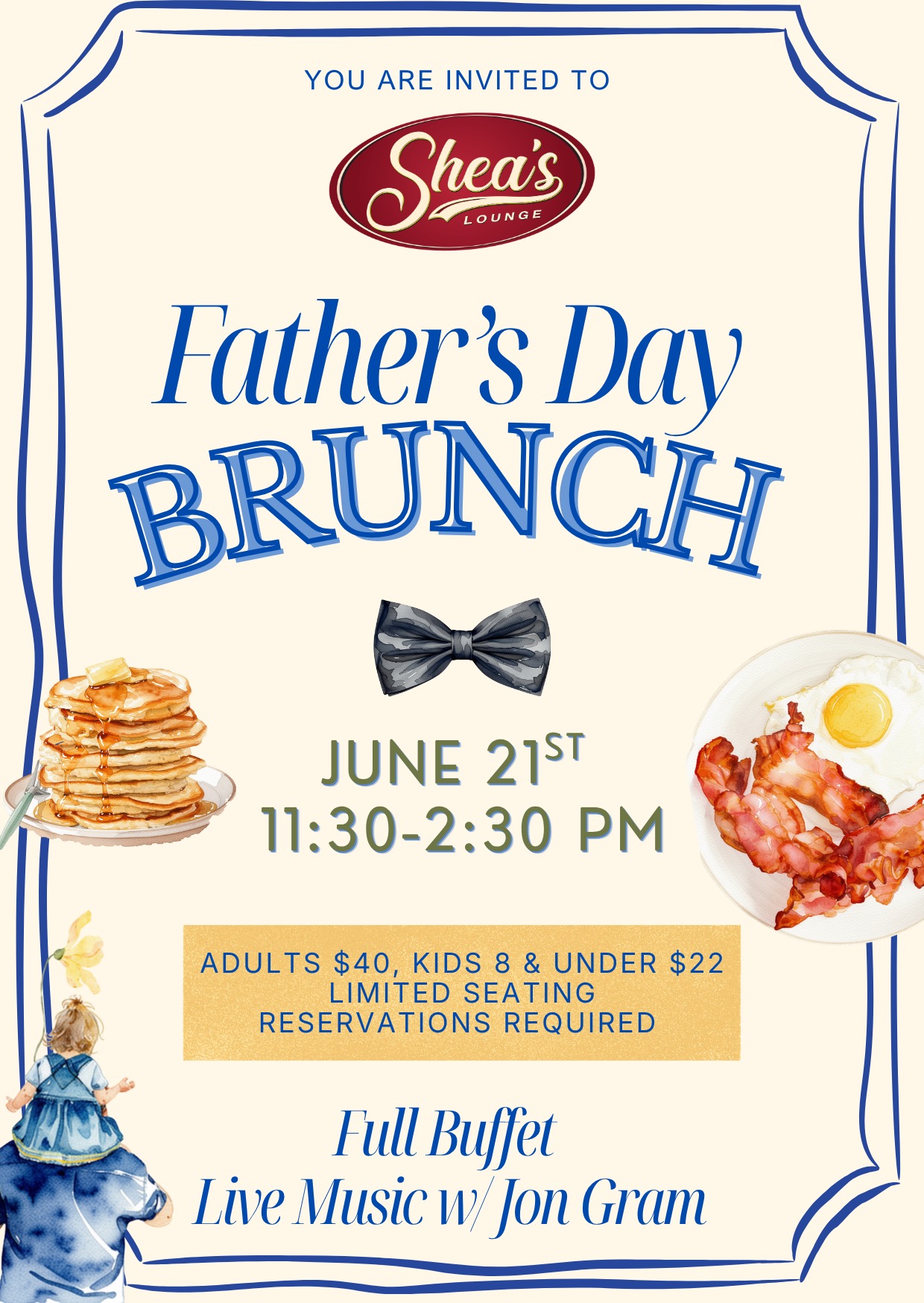 Father's Day Brunch invitation for Shea's Lounge; pancakes, bacon, bowtie, June 21, 11:30–2:30 PM.