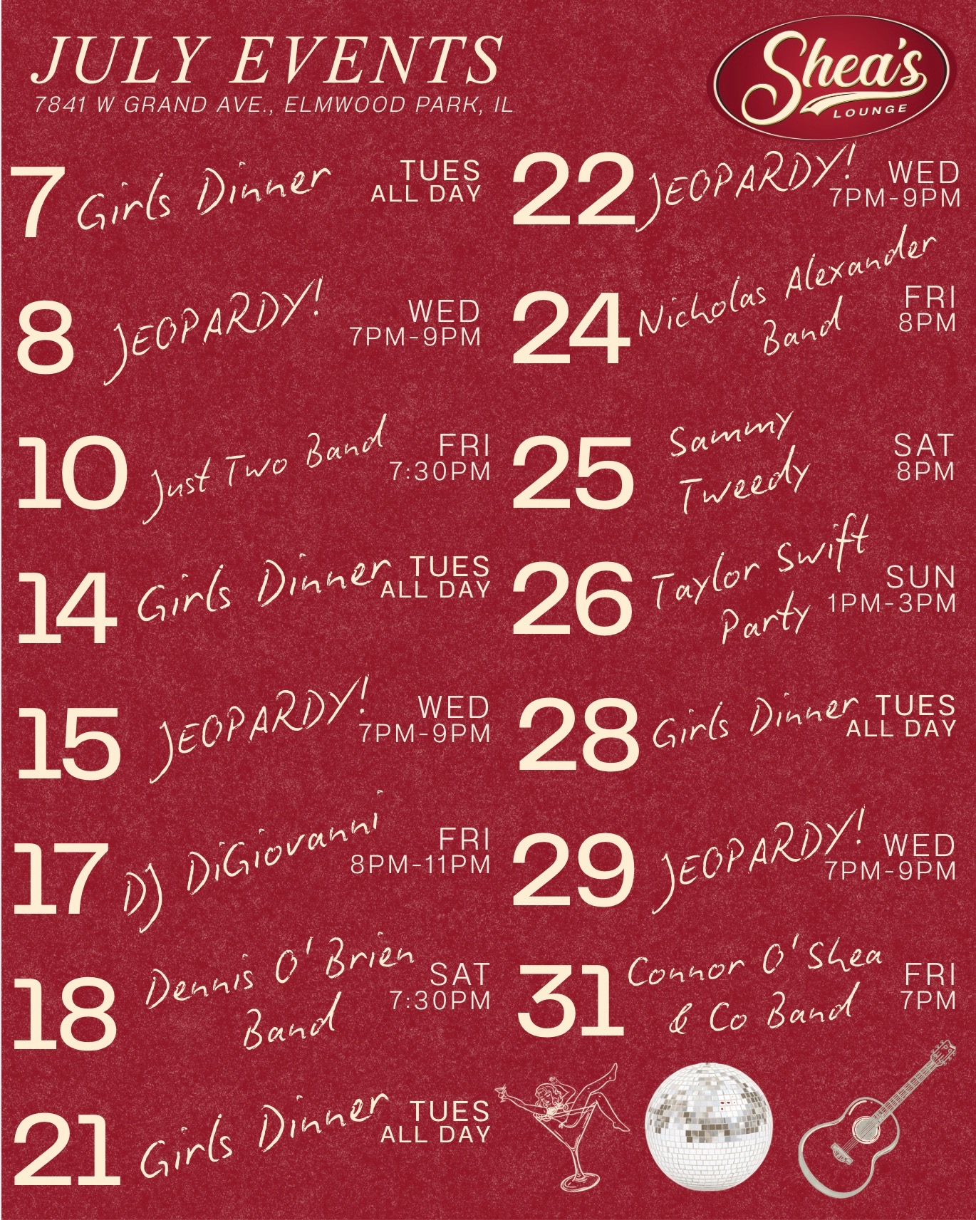 Poster listing July events at Shea's Lounge with dates, times, and acts like Jeopardy!, Girls Dinner, and other performances.