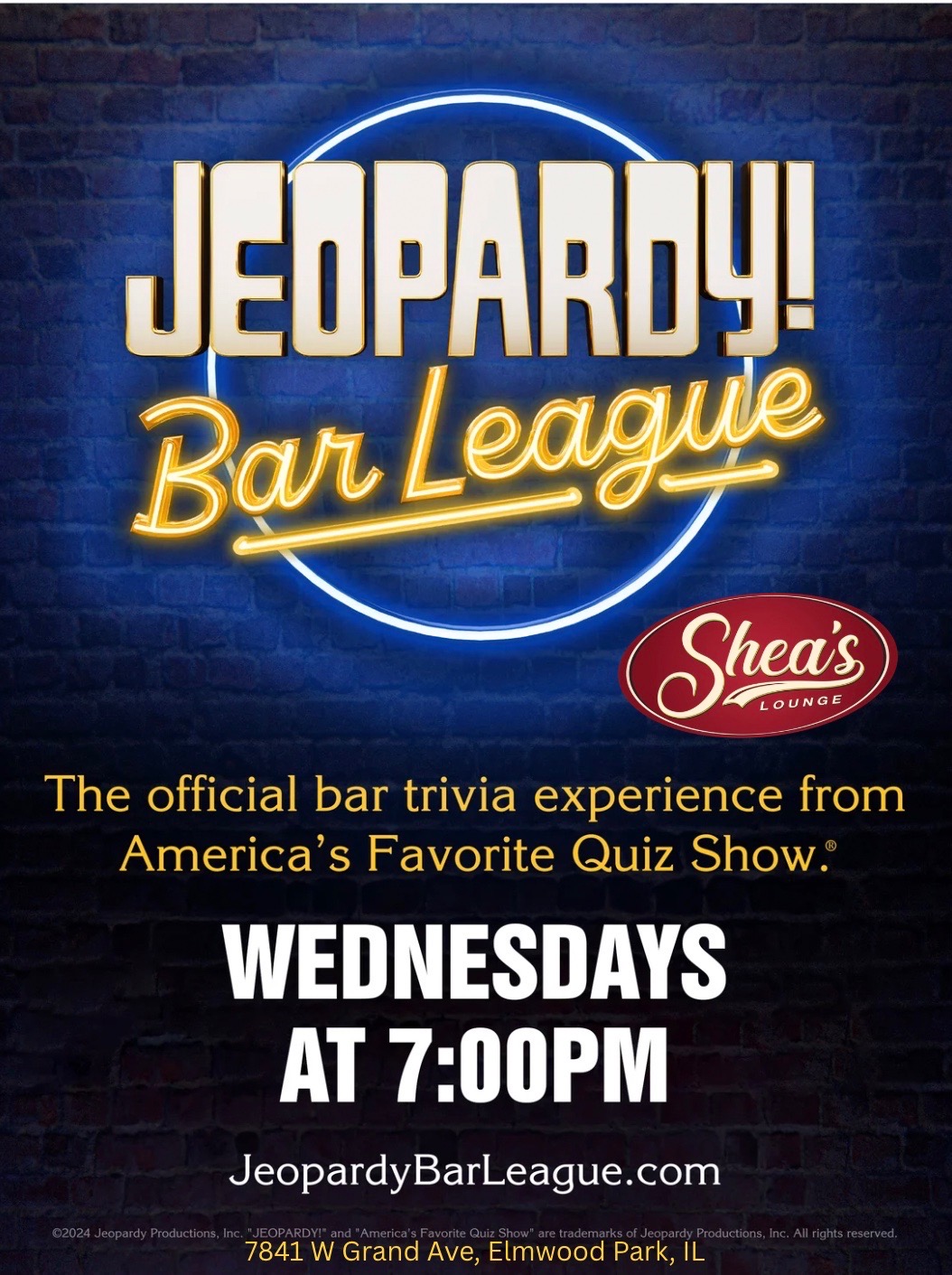 Poster advertising Jeopardy! Bar League at Shea's Lounge: neon sign style text, Wednesdays at 7:00 PM, JeopardyBarLeague.com, Elmwood Park, IL address onscreen (promo for bar trivia).