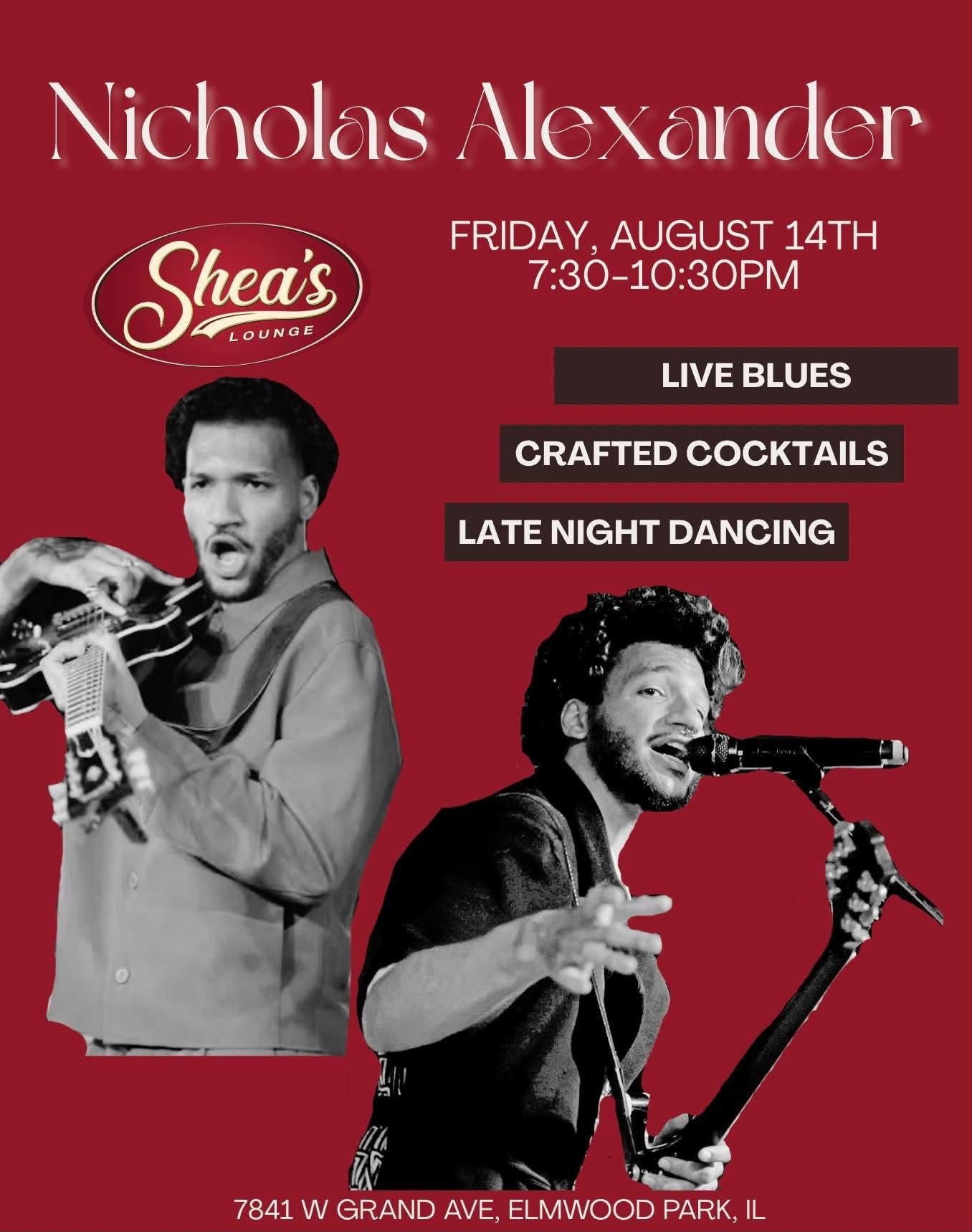 Promotional poster for Connor O'Shea performing live at Shea's Lounge, Elmwood Park, IL, July 31 at 7 PM.